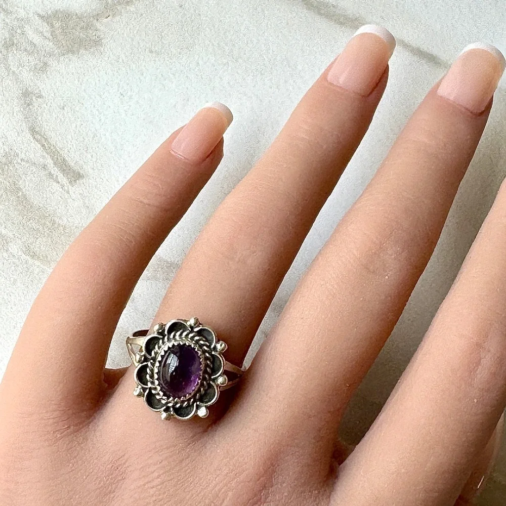 Navajo Flower Ring Purple Amethyst Sz 9.5 Sterling Silver Native Signed Morgan